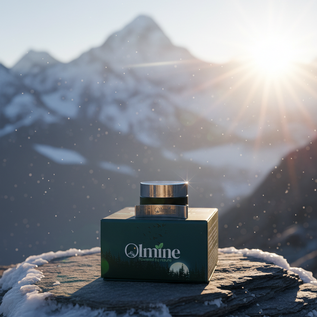 olmine shilajit against a mountainous landscape